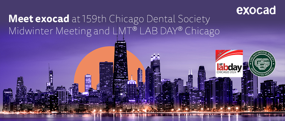 exocad will participate at two upcoming U.S. dental events: LMT LAB DAY Chicago 2024 and the Chicago Dental Society Midwinter Meeting, both taking place in Chicago between February 22–24, 2024.